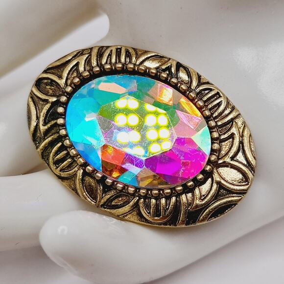 Rainbow Faceted Glass Oval Brooch Gold Tone Frame Vintage Crystal Pin 1.6" - Picture 4 of 8